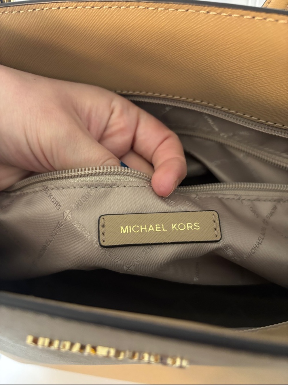 Michael Kors Gilly Camel Leather Tote with Gold MK Charm - Picture 9 of 16